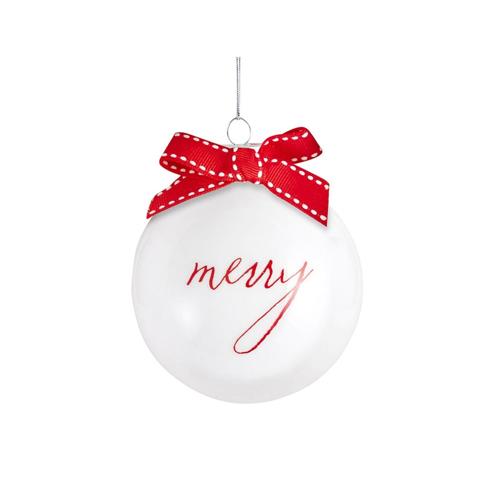 White glass Christmas ornaments with merry lettering and red ribbon bow