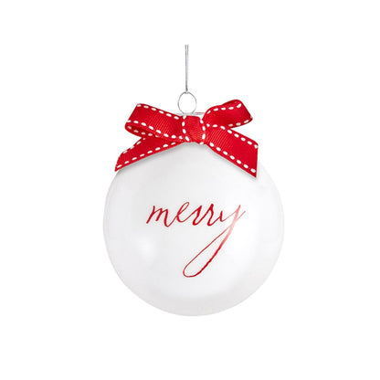 White glass Christmas ornaments with merry lettering and red ribbon bow