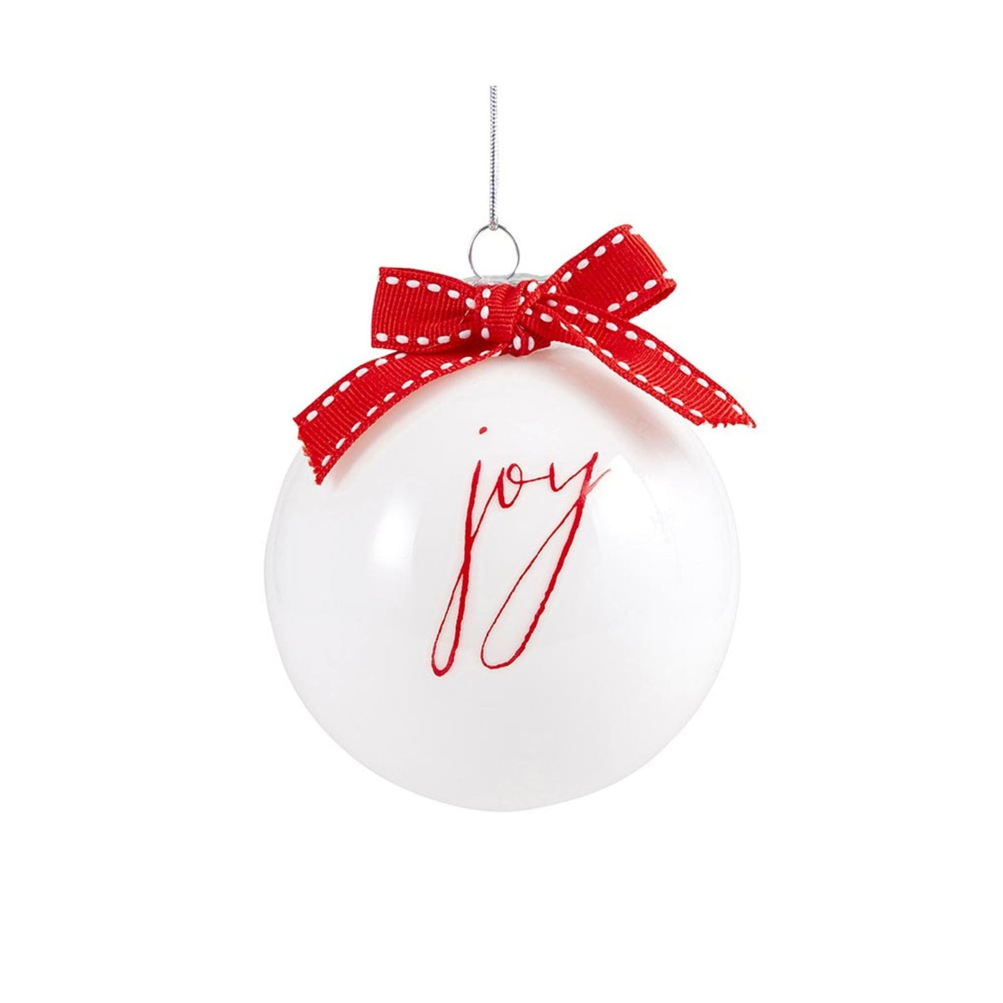 White glass Christmas ornaments with joy lettering and red ribbon bow