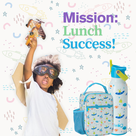 cute little boy with space-themed backpack and water bottle against a colorful 'Mission: Lunch Success!' background