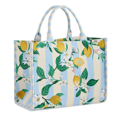 Tote bag with lemon and floral pattern on a white background