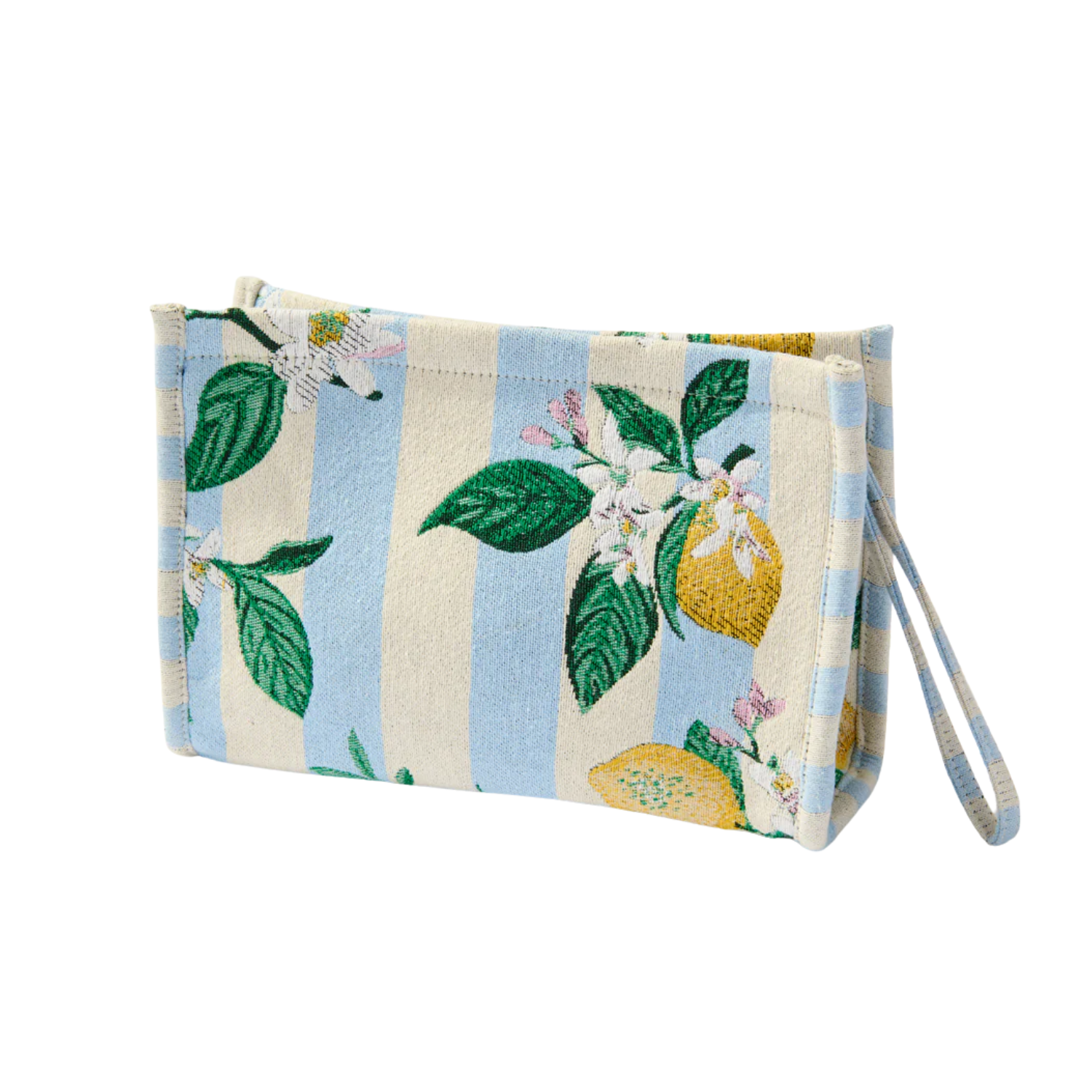 Fabric wristlet with lemon and leaf pattern on a white background