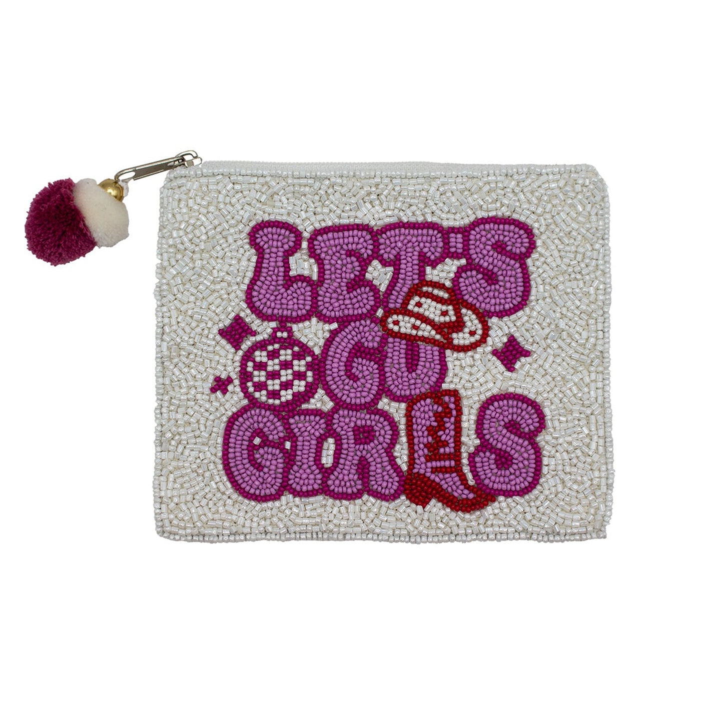 Beaded pouch with 'Let's Go Girls' text and pom-pom keychain on a white background