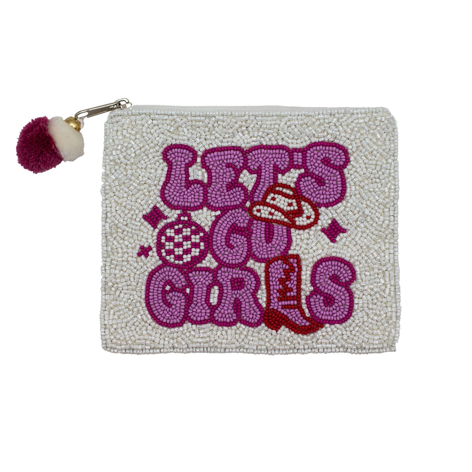 Beaded pouch with 'Let's Go Girls' text and pom-pom keychain on a white background