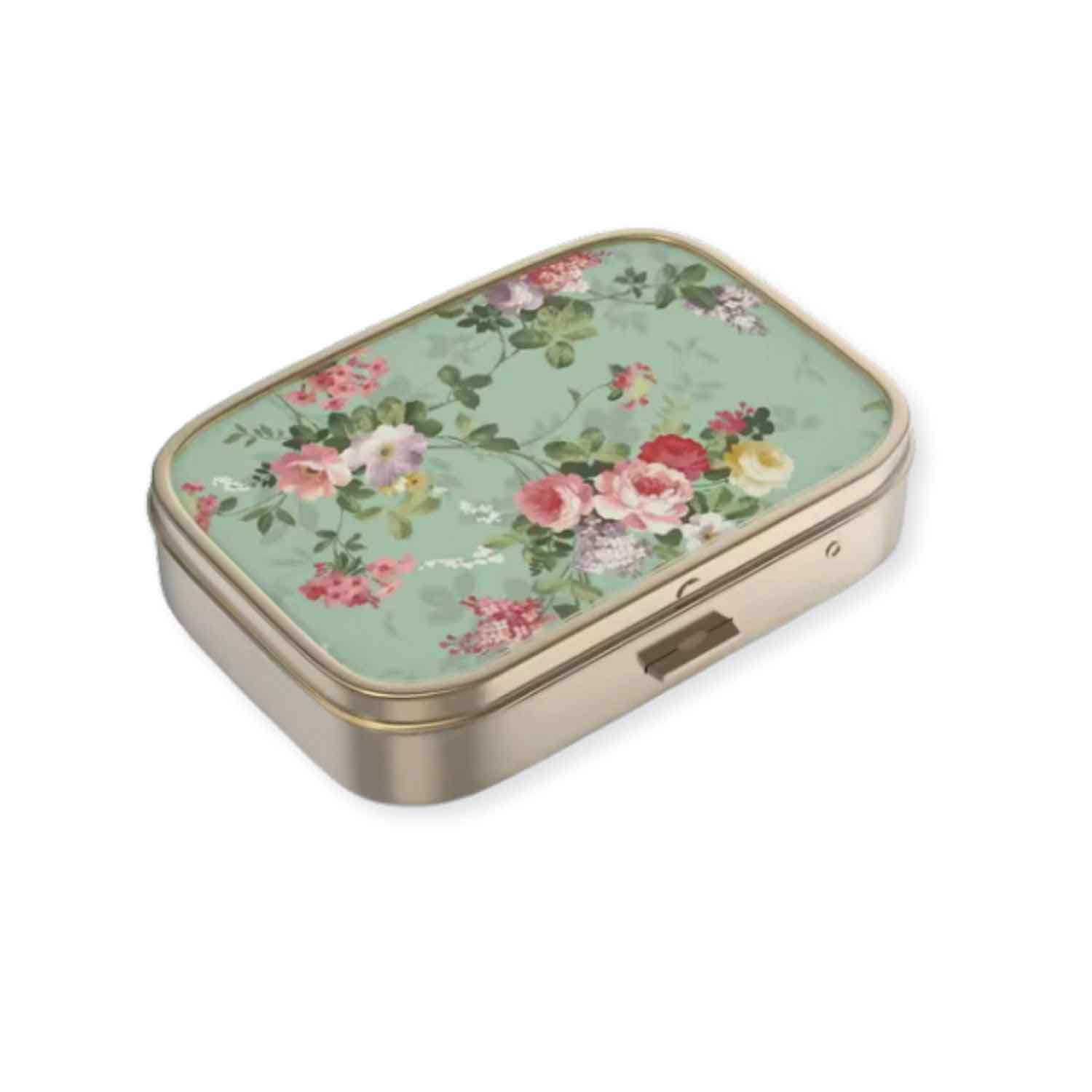 Rectangular light blue floral pillbox with vintage flower design and compact travel size