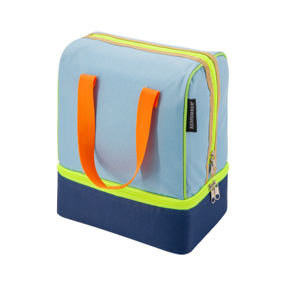 insulated lunch bag with orange handles on a white background