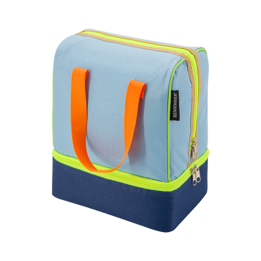 insulated lunch bag with orange handles on a white background