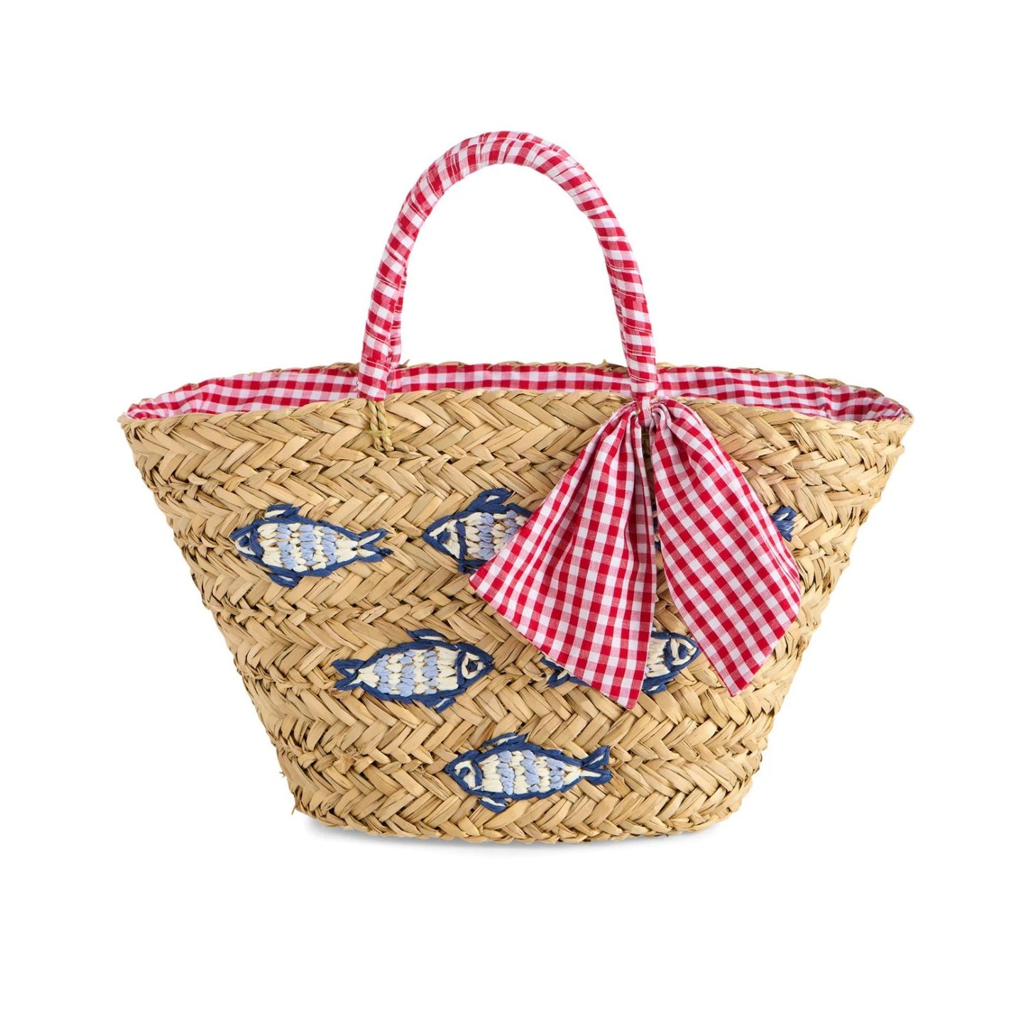 Woven basket with red checkered handle and blue fish design on a white background