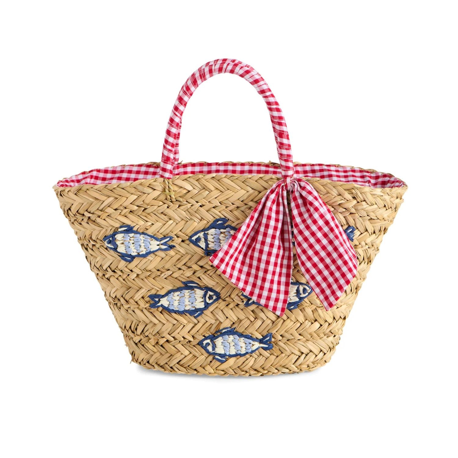 Woven basket with red checkered handle and blue fish design on a white background