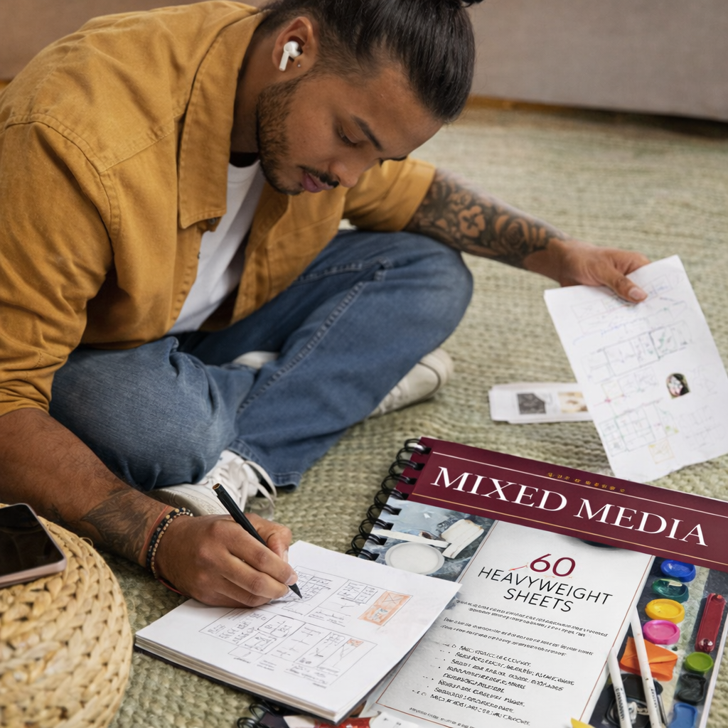 An Artist sitting on the floor with art supplies and a book titled 'Mixed Media
