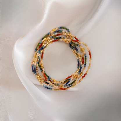 Set of 7 Miyuki Beaded Stretch Bracelet Set - Blue/Green/Rust