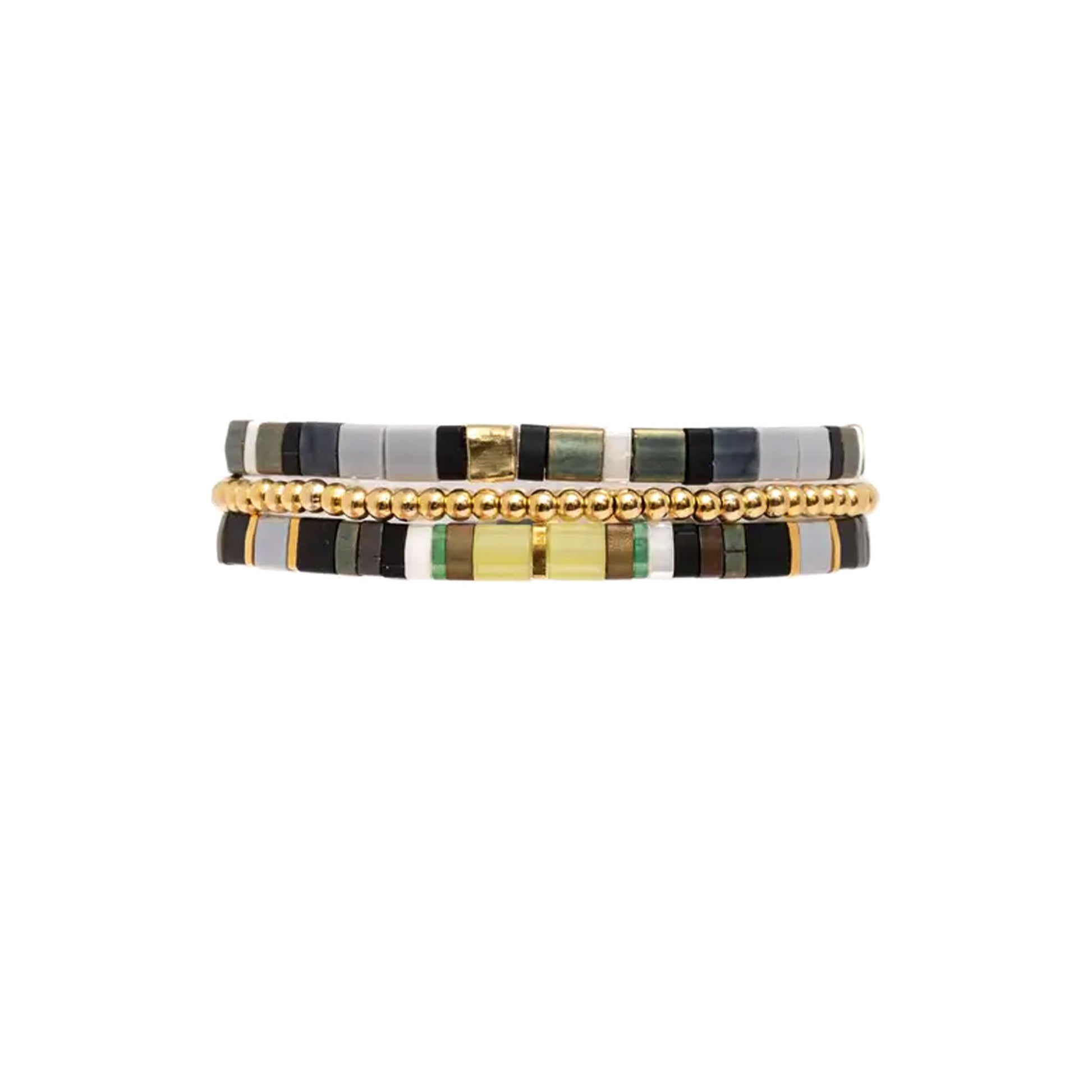 Green and grey Miyuki Stretch Tila Green Grey bracelet for everyday style and gifting