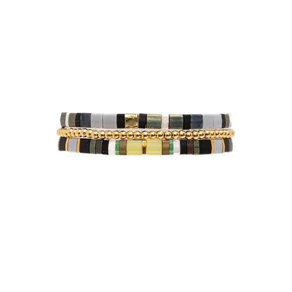 Green and grey Miyuki Stretch Tila Green Grey bracelet for everyday style and gifting