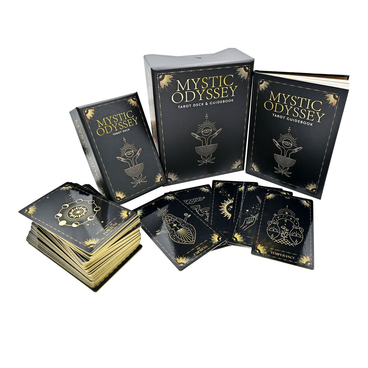 Mystic Odyssey tarot deck with guidebook on a white background