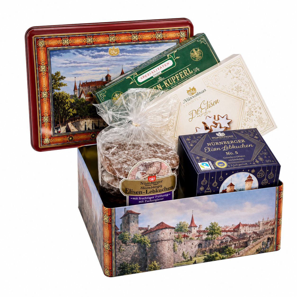 Assorted German snacks in decorative packaging with scenic design