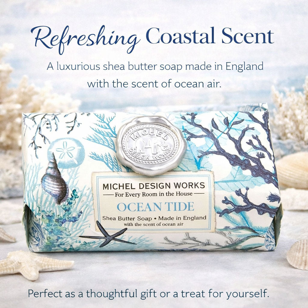 Michel Design Works Ocean Tide soap bar with coastal design and text about refreshing coastal scent.