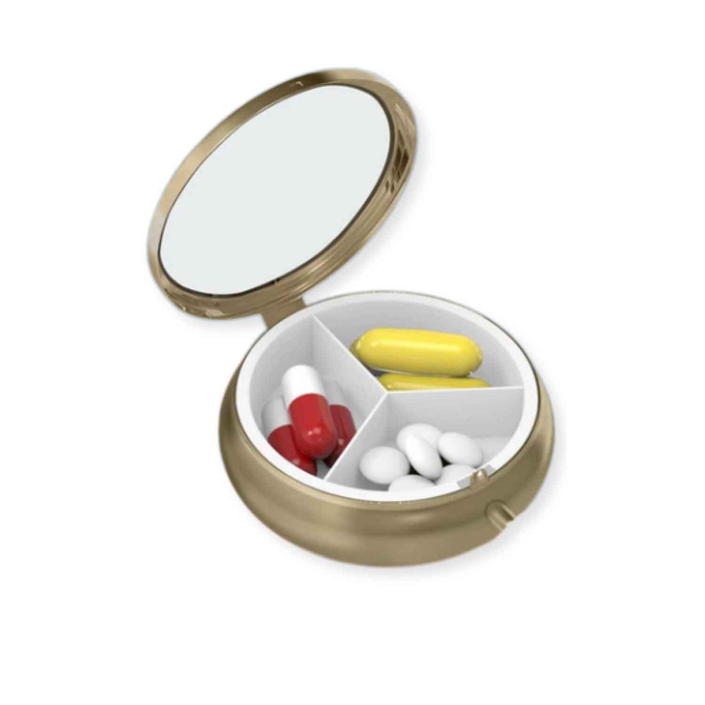 Round floral pill organizer with mirror and compartments for tablets and vitamins