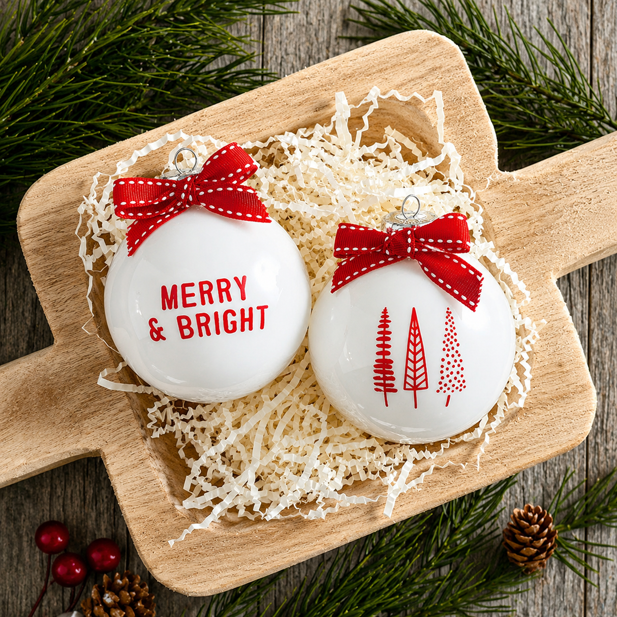 Set of two white glass Christmas ornaments with Merry & Bright lettering and red Christmas tree design, finished with festive ribbon bows.