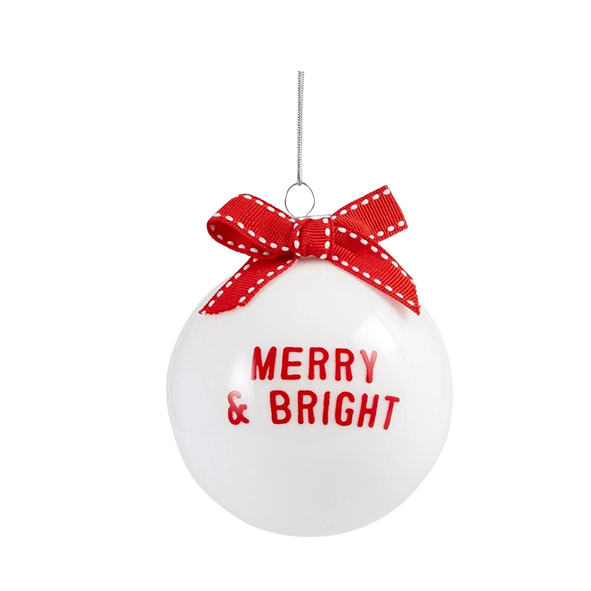 Ornament with Merry & Bright lettering and  finished with festive ribbon bows.