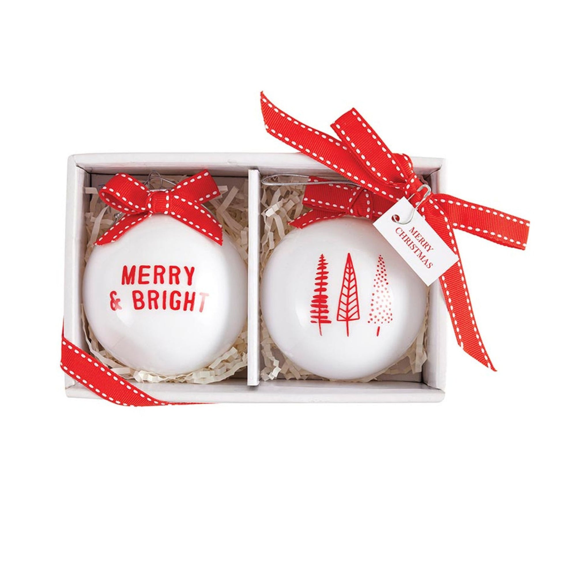 Set of two white glass Christmas ornaments with Merry & Bright lettering and red Christmas tree design, finished with festive ribbon bows.
