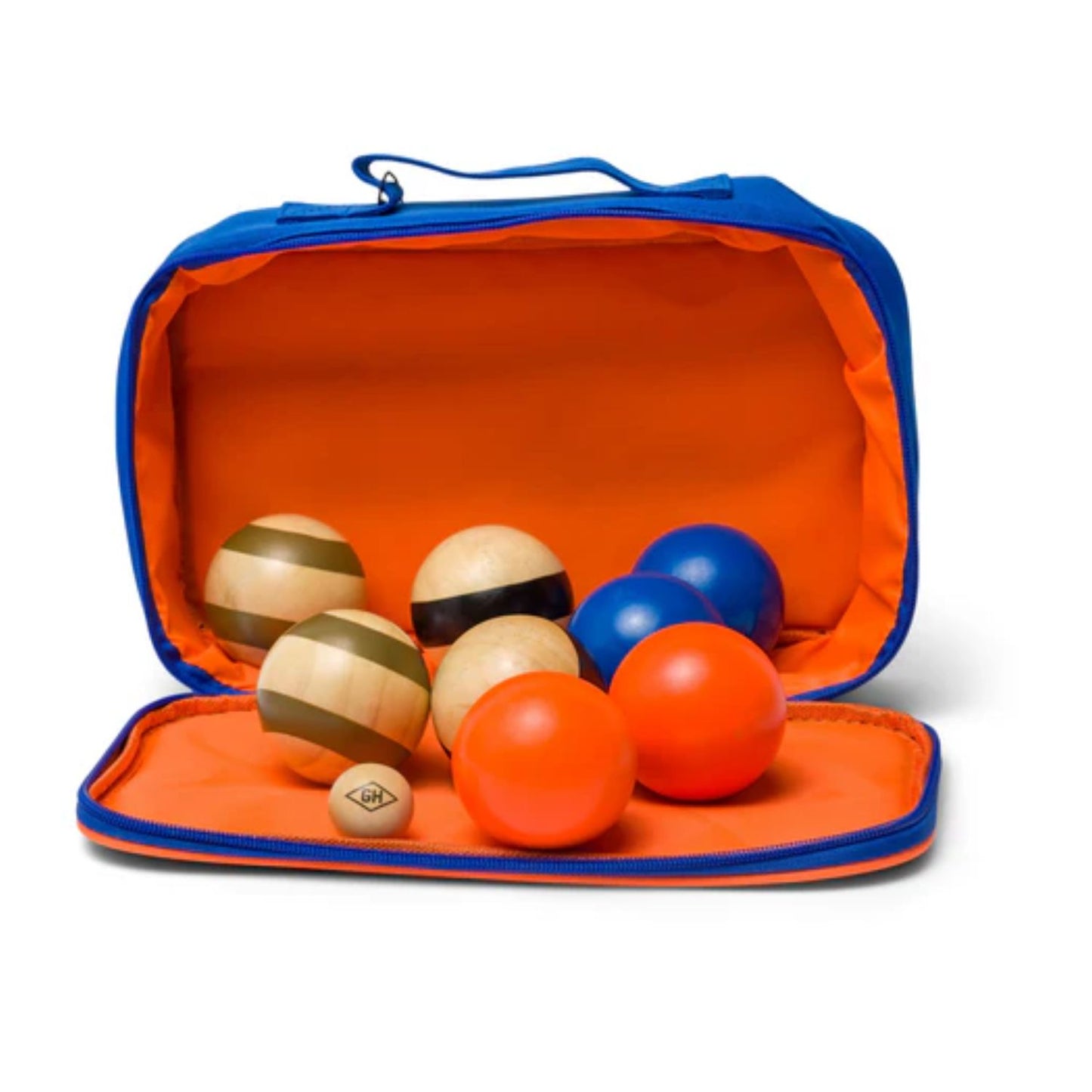Colorful wooden balls in an orange and blue carrying case on a white background
