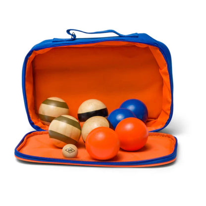 Colorful wooden balls in an orange and blue carrying case on a white background
