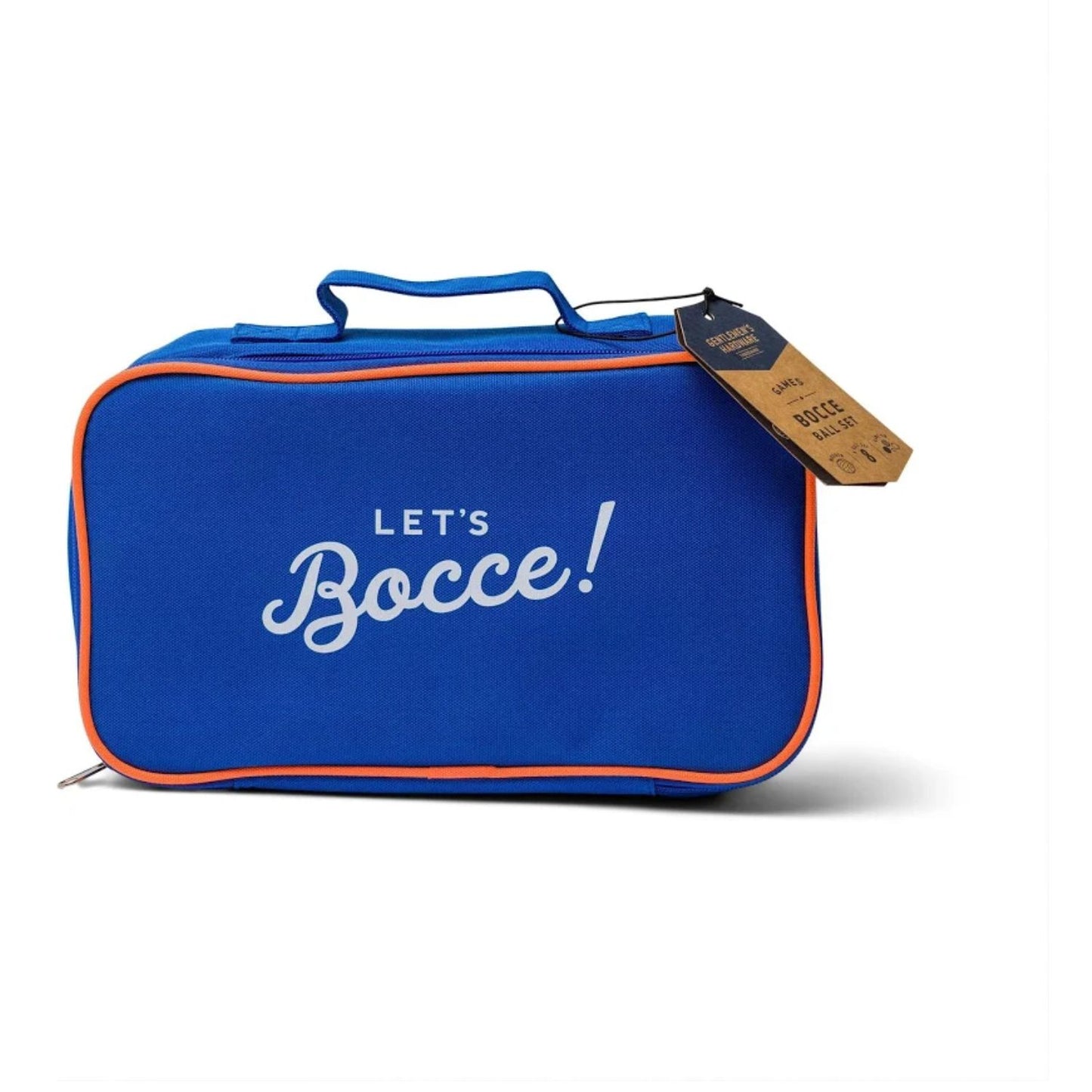Blue bocce ball bag with 'Let's Bocce!' text on a white background
