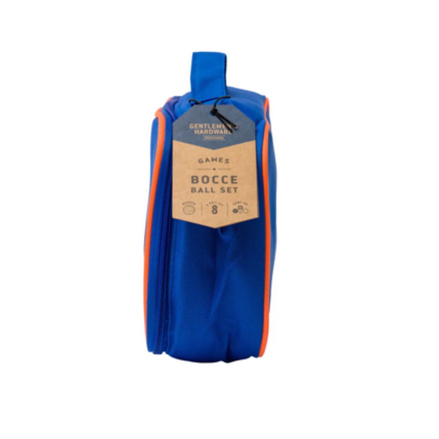 Blue and orange bocce ball set packaging on a white background