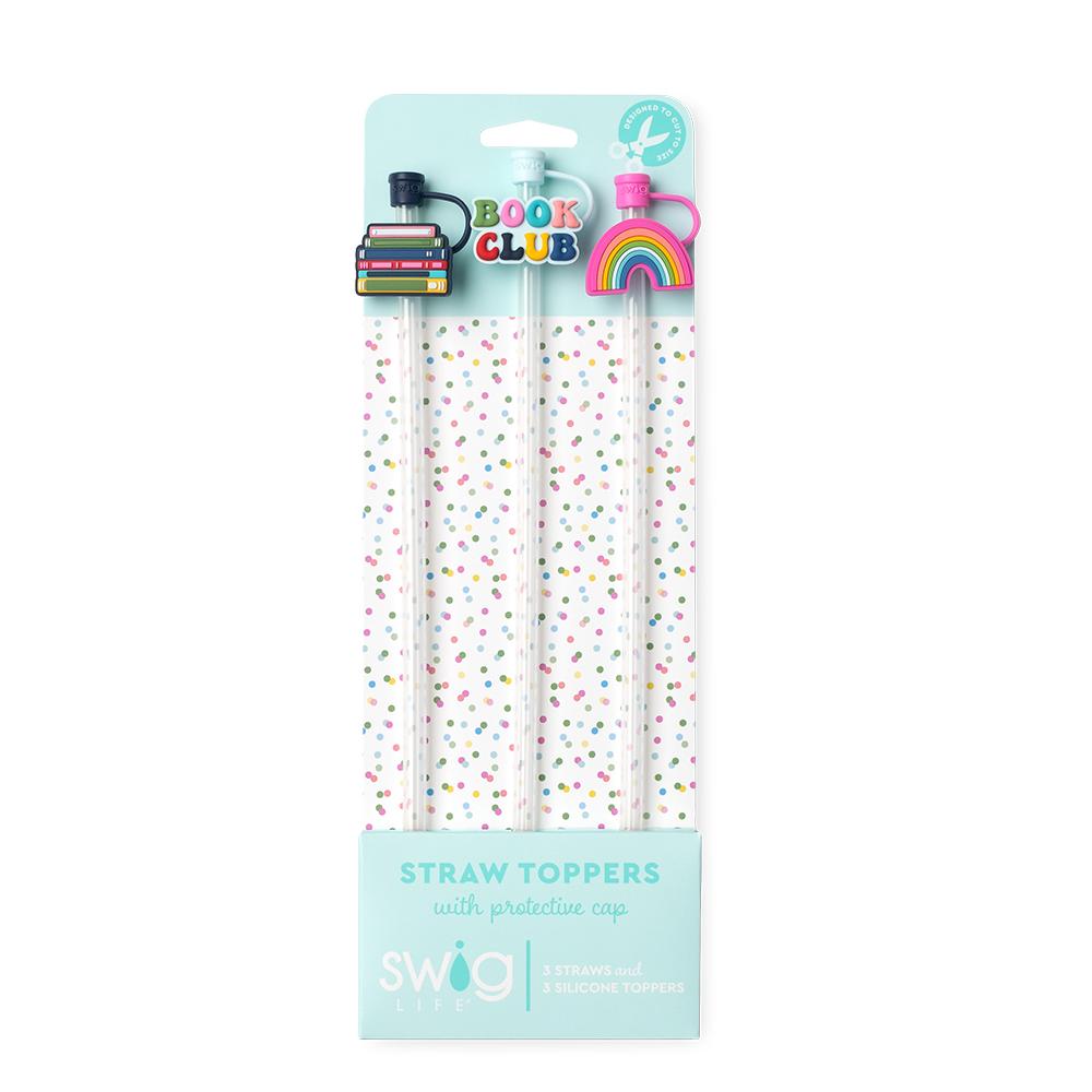 Packaged straw toppers Book Club with protective book-related caps on a white background