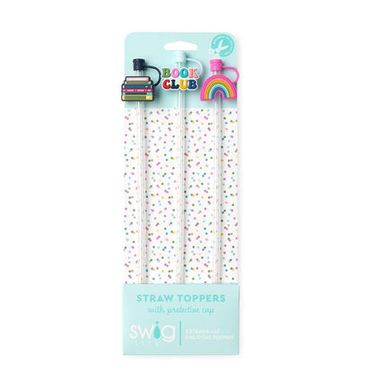 Packaged straw toppers Book Club with protective book-related caps on a white background