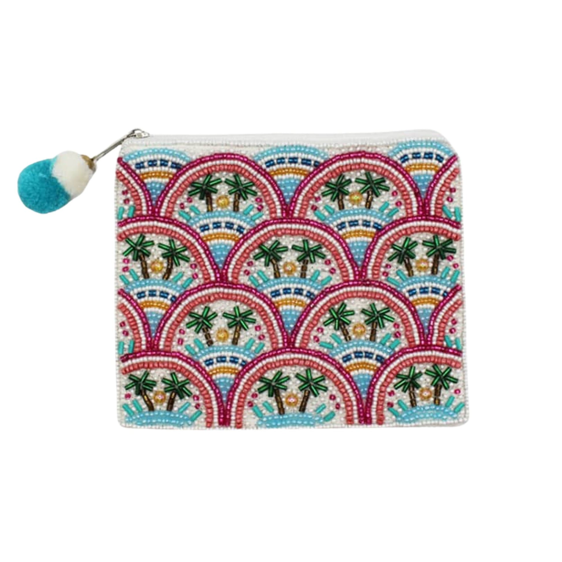 Hand-beaded tropical palm tree coin purse with colorful geometric pattern.