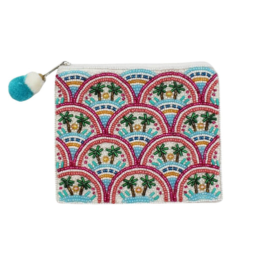 Hand-beaded tropical palm tree coin purse with colorful geometric pattern.