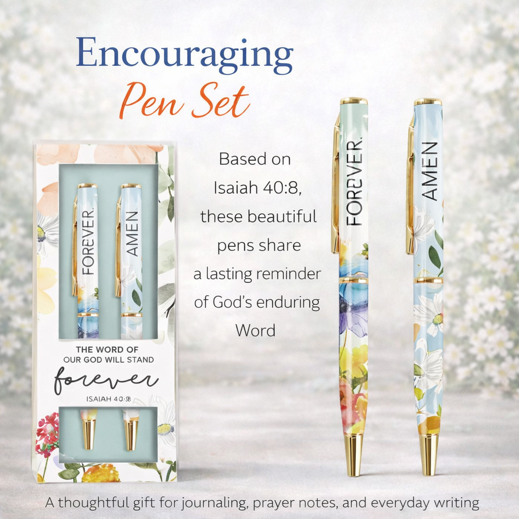 Encouraging pen set with floral design and 'Forever' 'Amen' text, packaging included.