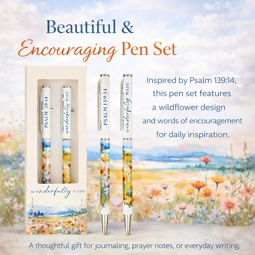 Pen set with wildflower design and 'Psalm 139:14' text, inspired by nature and daily inspiration.