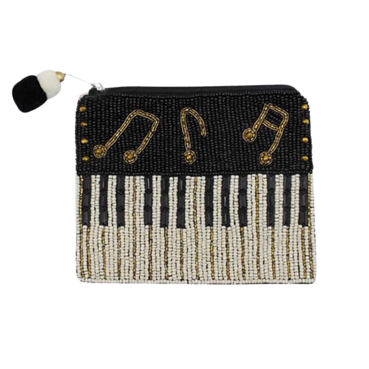 Hand-beaded piano keyboard coin purse with musical notes.