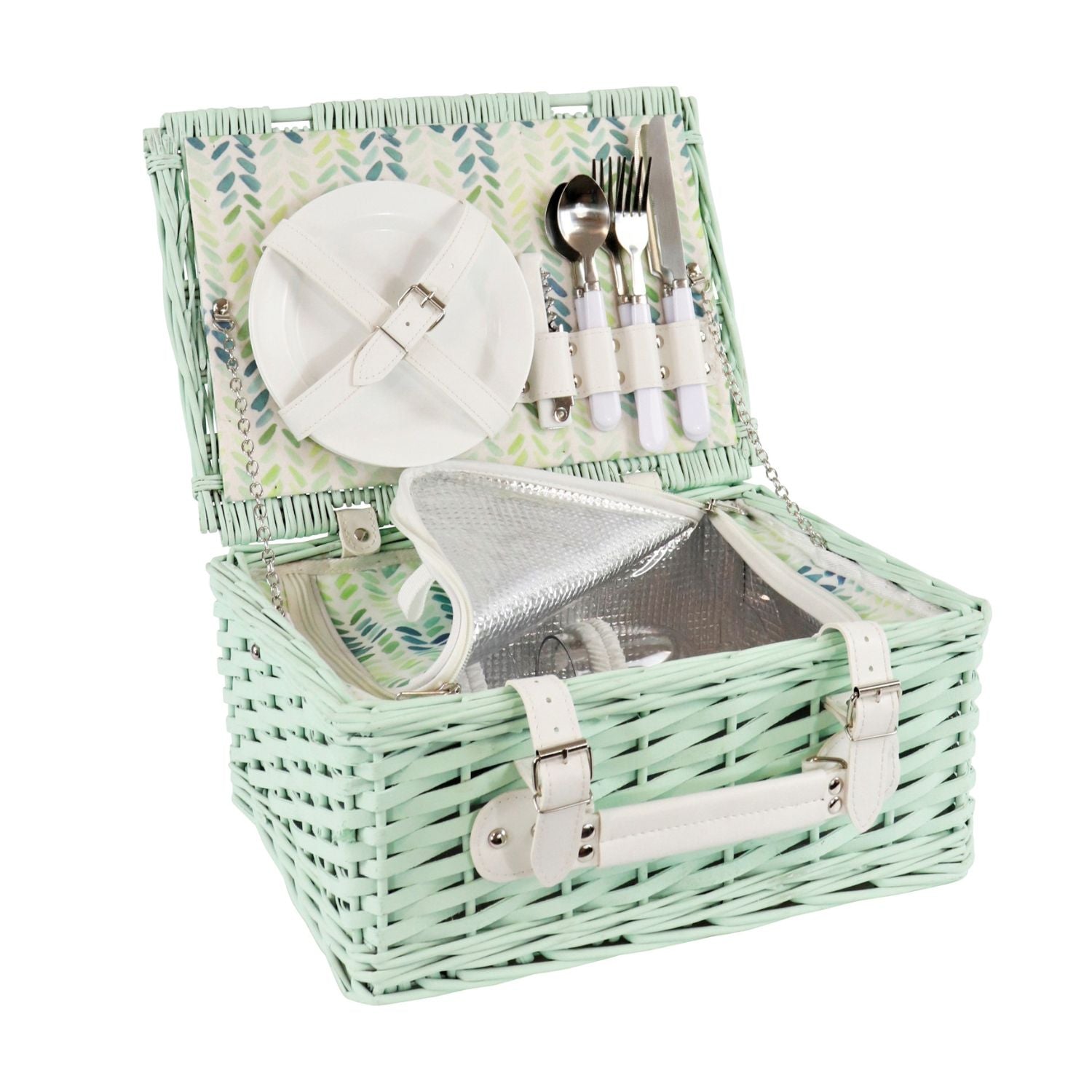 Mint green picnic basket with floral pattern, cutlery, and plates on a white background
