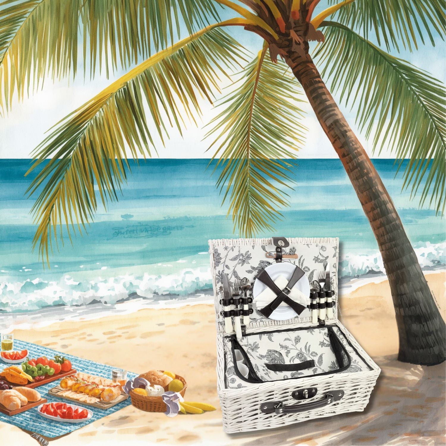Picnic basket Kent with food on a beach under a palm tree