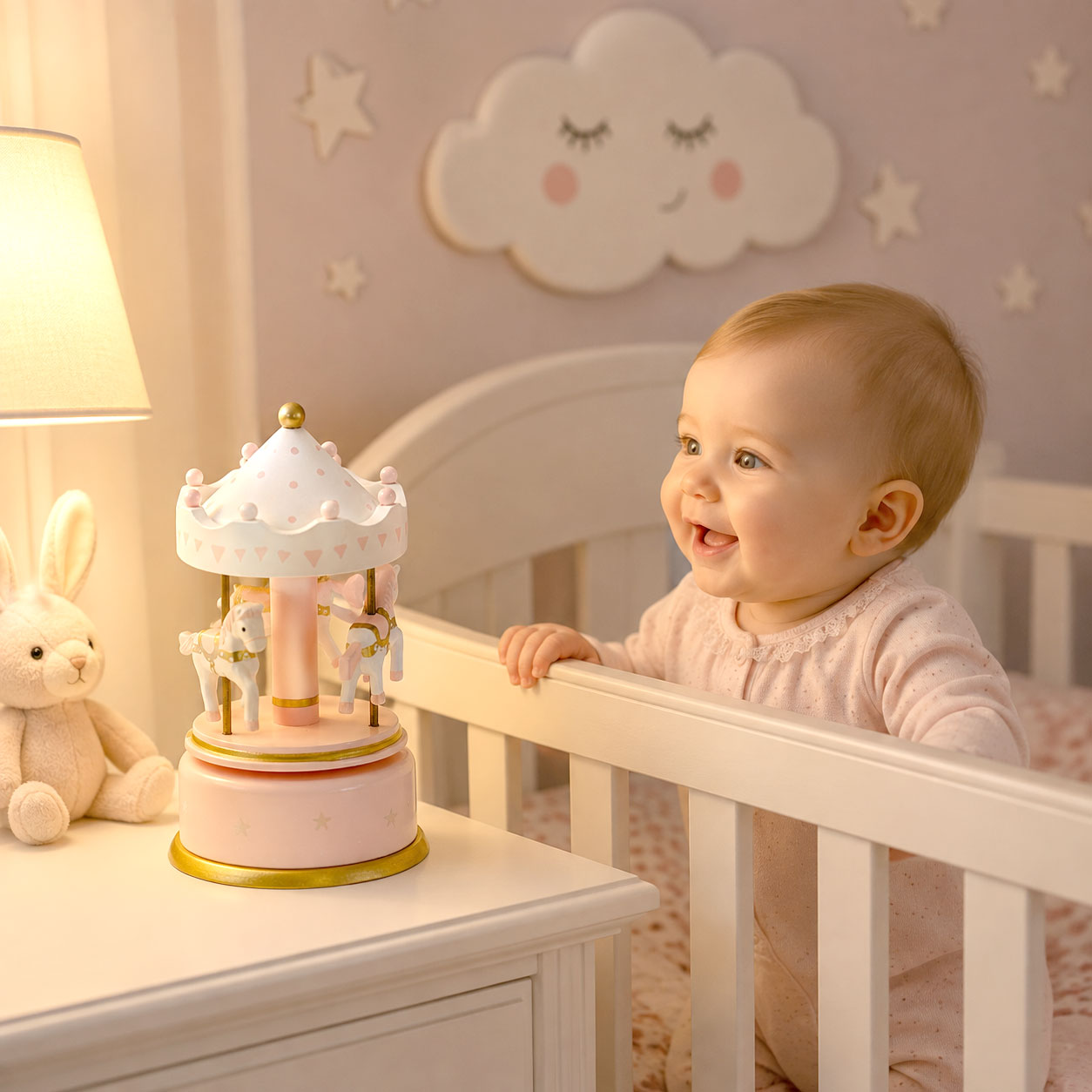 A baby in a pink outfit stands in a white crib next to a bedside table, looking at a pastel pink and gold carousel toy. A plush bunny sits on the table beside a lit lamp, and a cloud wall decoration hangs in the softly lit nursery.
