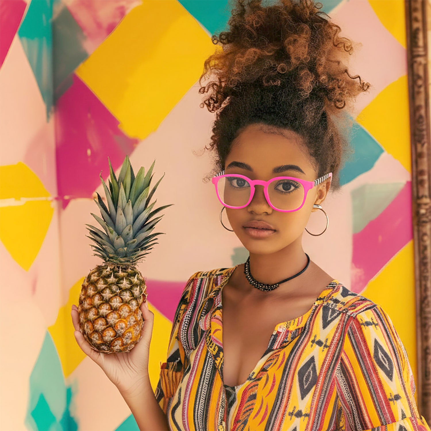 Young, beautiful black woman with Pink reading glasses holding a pineapple in front of a colorful geometric background