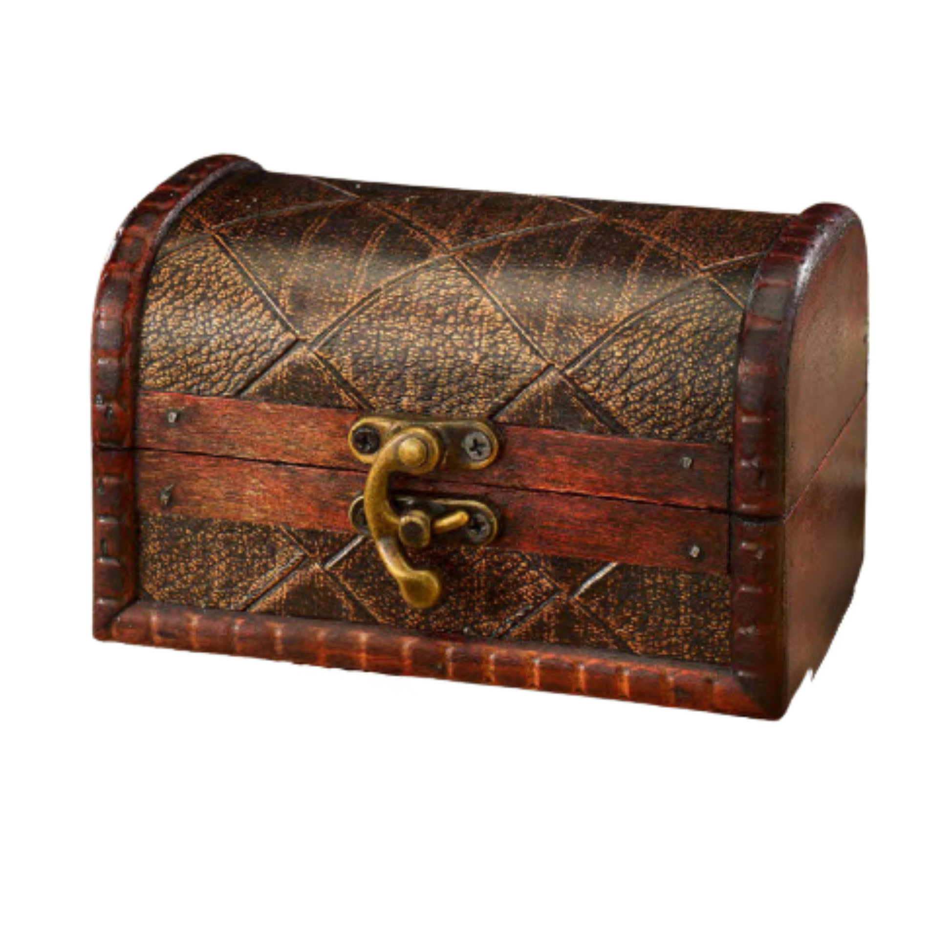 Wooden treasure chest with leather-like surface and brass lock on a white background