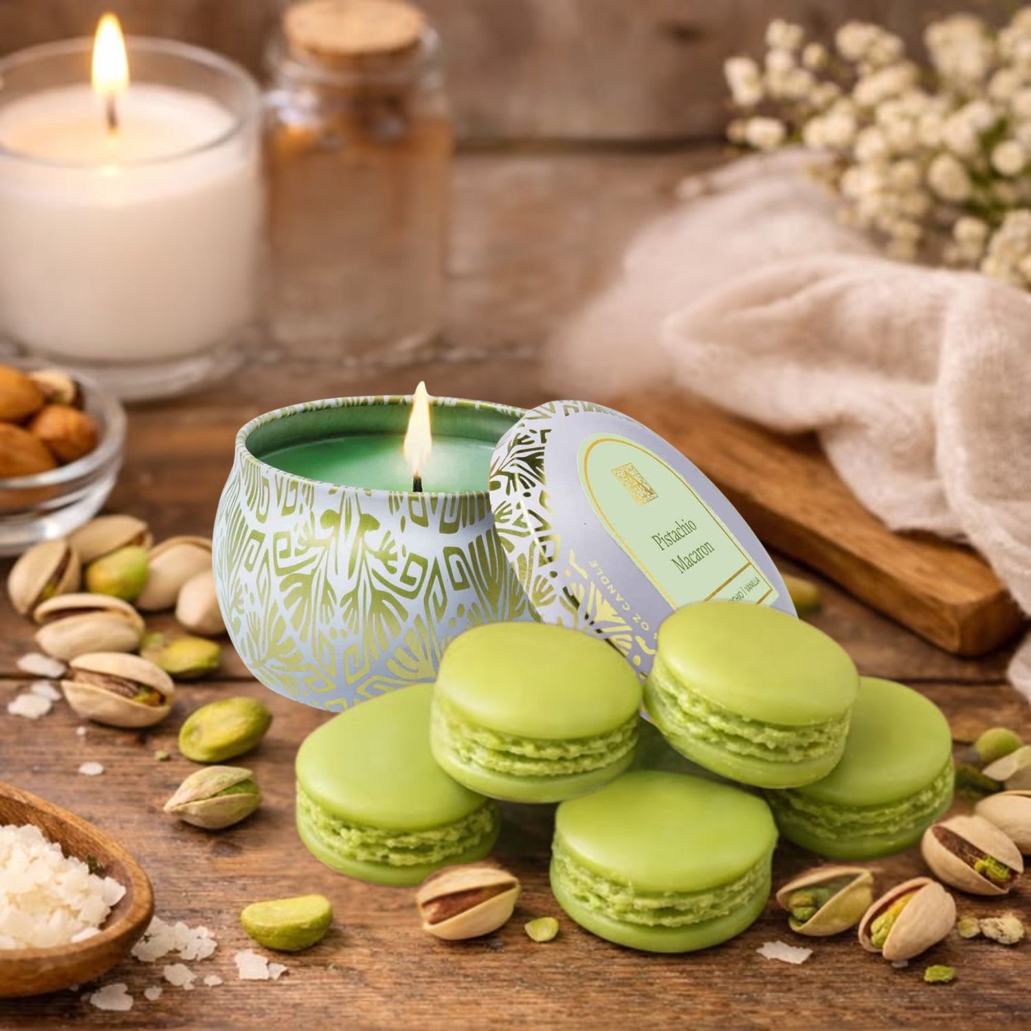 Green candle with decorative packaging, pistachio macarons, and pistachios on a wooden surface.