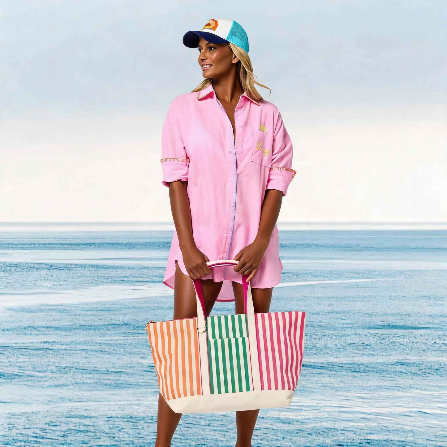 Woman in pink cover-up and colorful cap holding a striped beach bag on a beach.