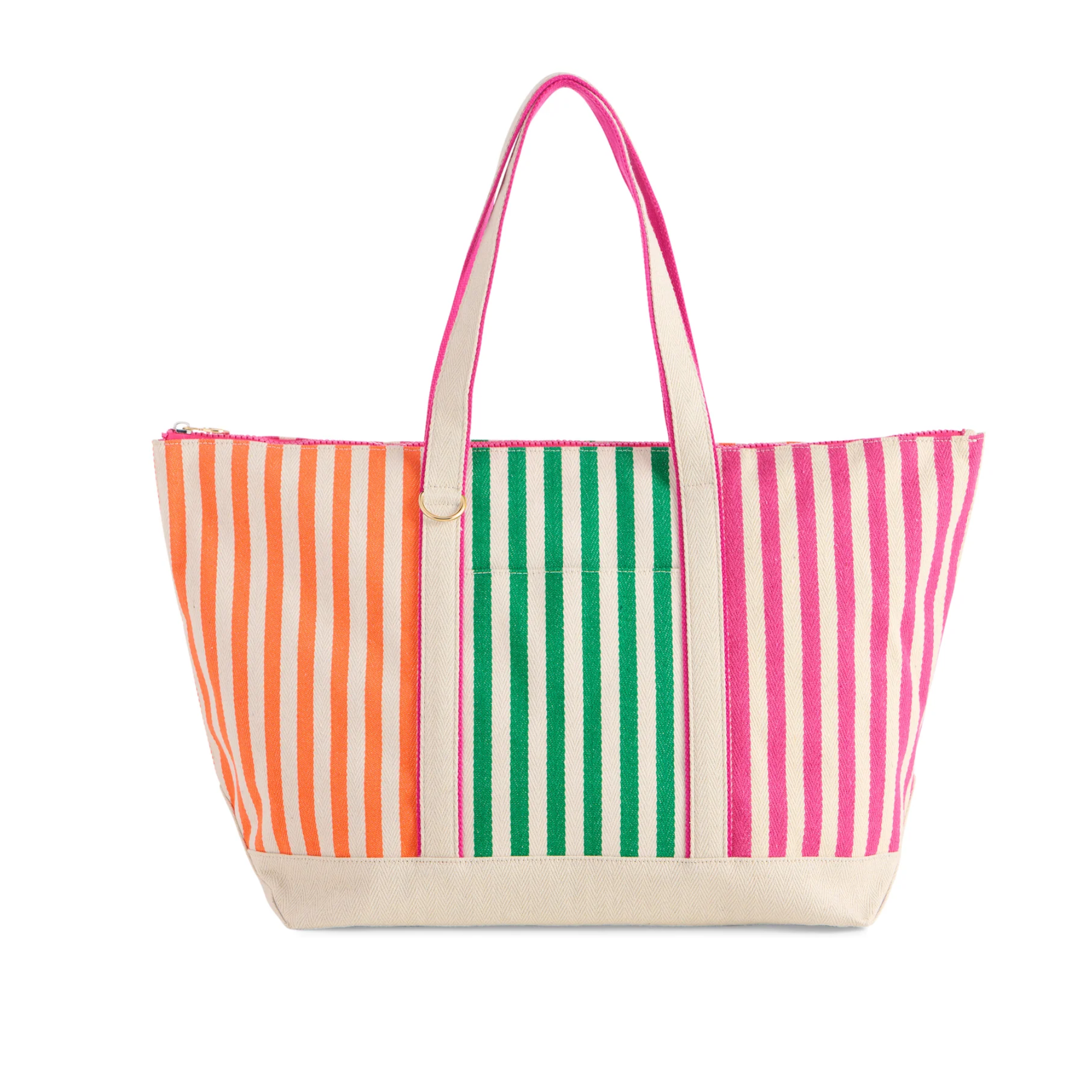 Colorful striped tote bag with a green pocket on a white background