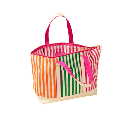 Striped tote bag with pink handles on a white background
