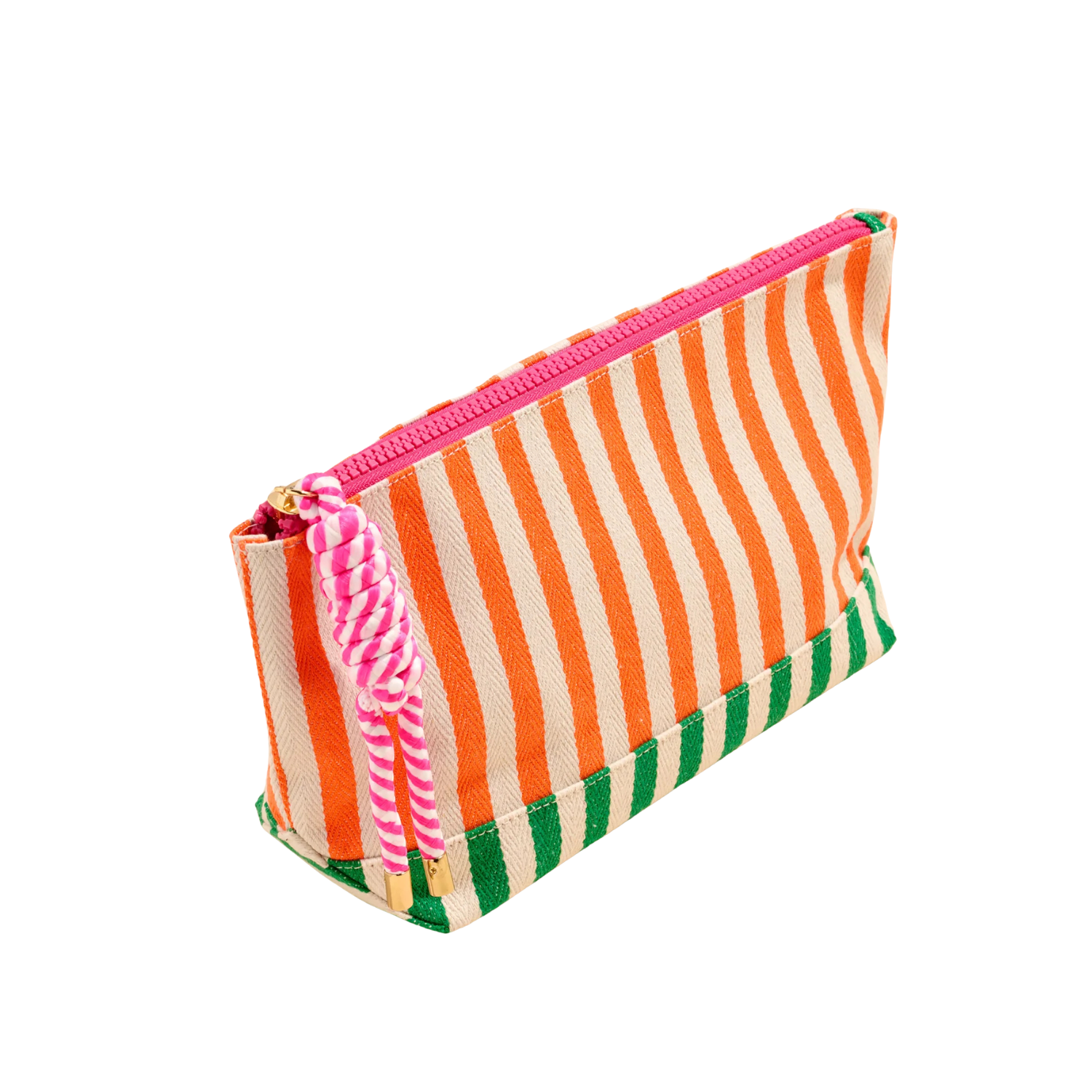 Striped pouch with orange, green, and pink colors on a white background