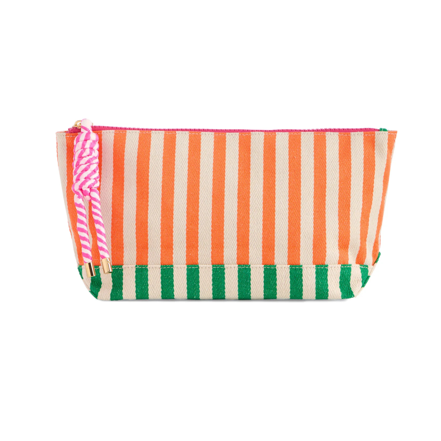 Striped pouch with orange, green, and pink pattern on a white background