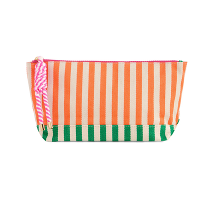 Striped pouch with orange, green, and pink pattern on a white background