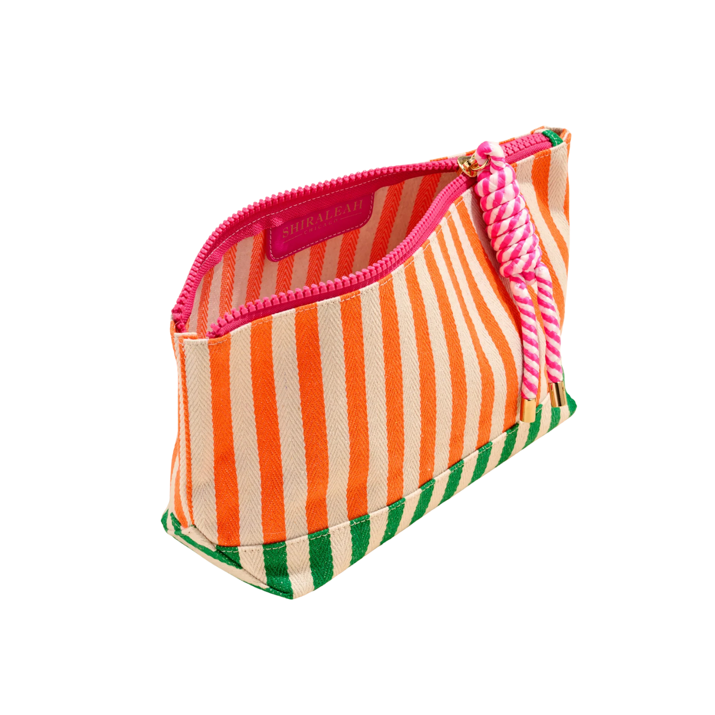 Striped pouch with pink zipper on a white background