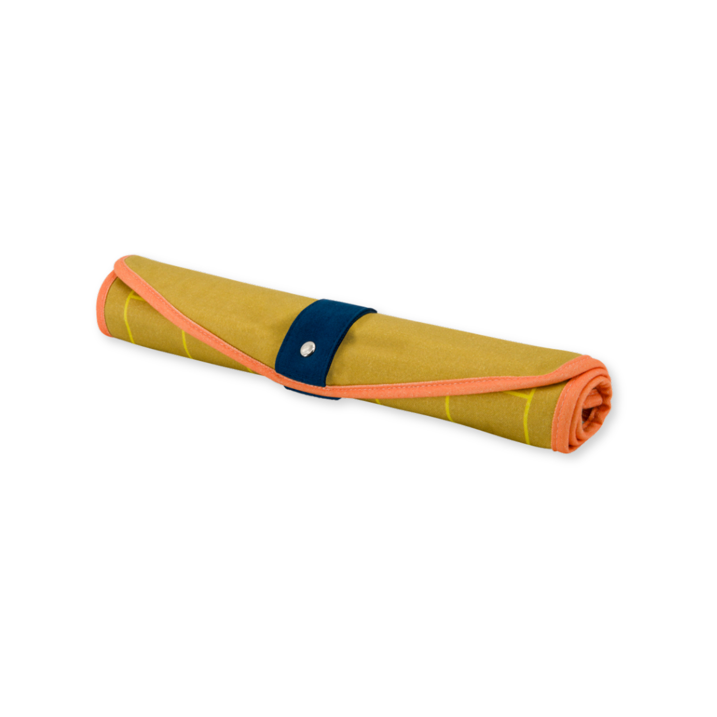 Roll-up mat with board games with orange border and blue strap on a white background