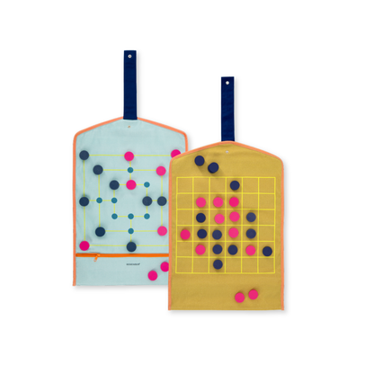 Two colorful textile portable board Games with  on a white background